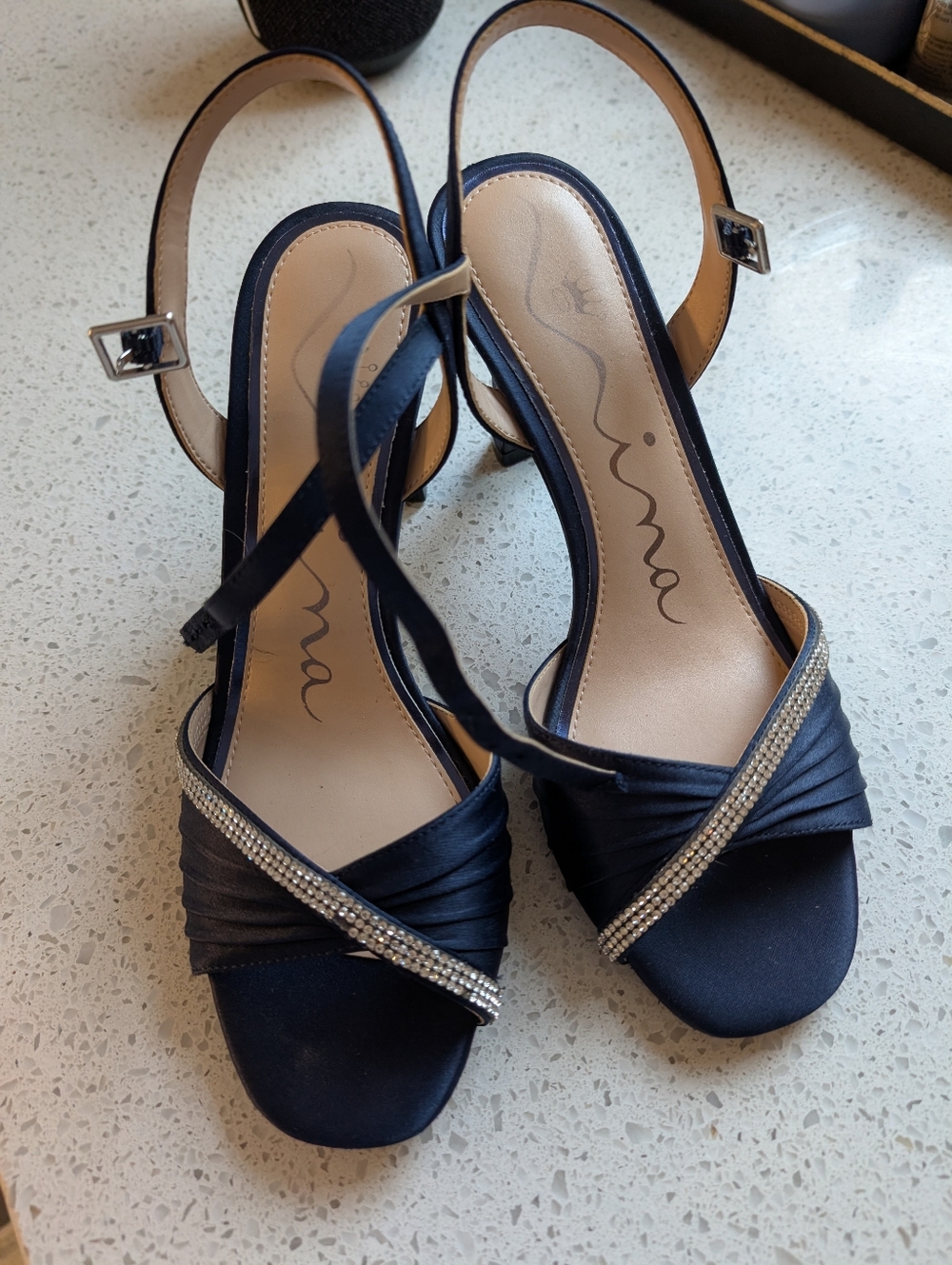 Navy Nina Open Toed Heels With Sparkly Gems - W 6.5